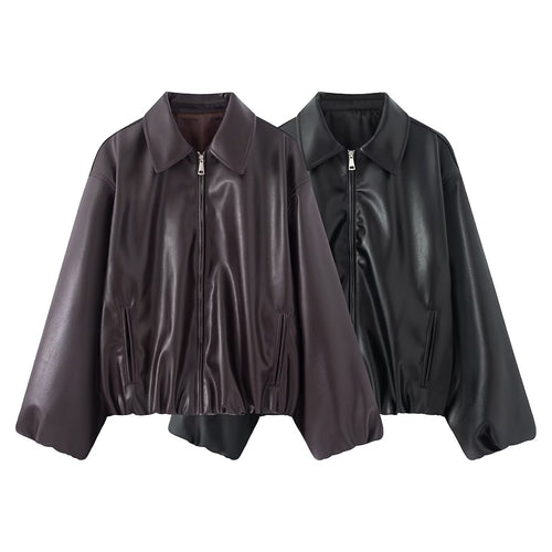 Damen Oversized Kunstleder-Blousonjacke mit Kragen, Reißverschluss und elastischem Saum Echoarchiv