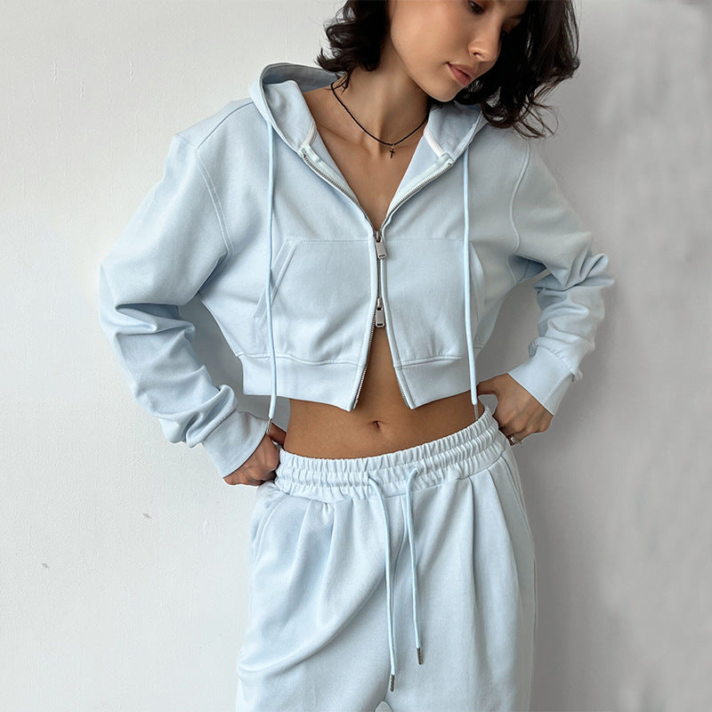 Damen Kurzes Zip-Kapuzen-Set mit taillenhoher weiter Loungehose – Auréline