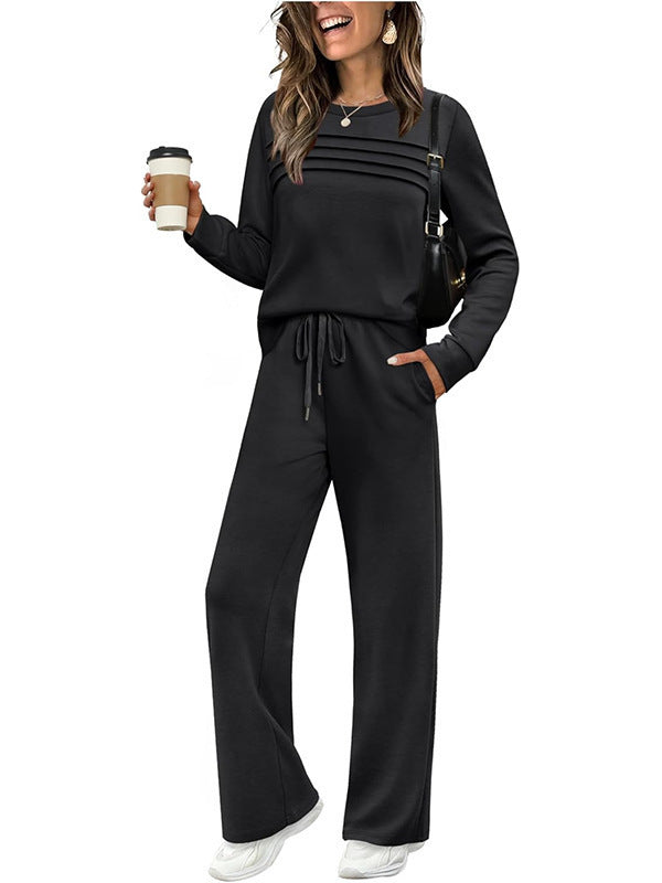 Damen Zweiteiliges Lounge-Set mit Plissee-Detail, Rundhals-Sweatshirt und weitem Kordel-Hose – Élanora