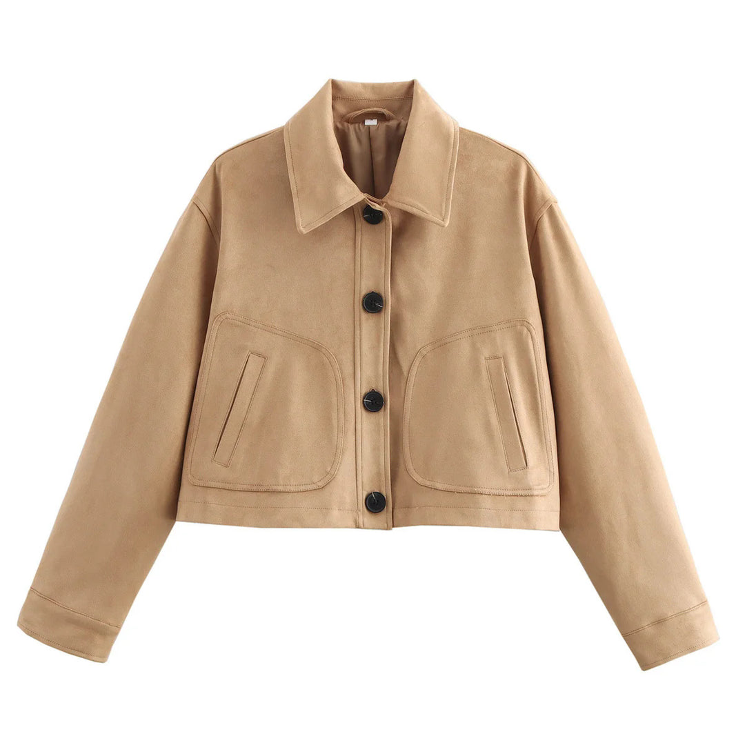 Damen kurze Oversize Wildlederimitat-Jacke mit großem Hemdkragen und aufgesetzten Pattentaschen – Célinea
