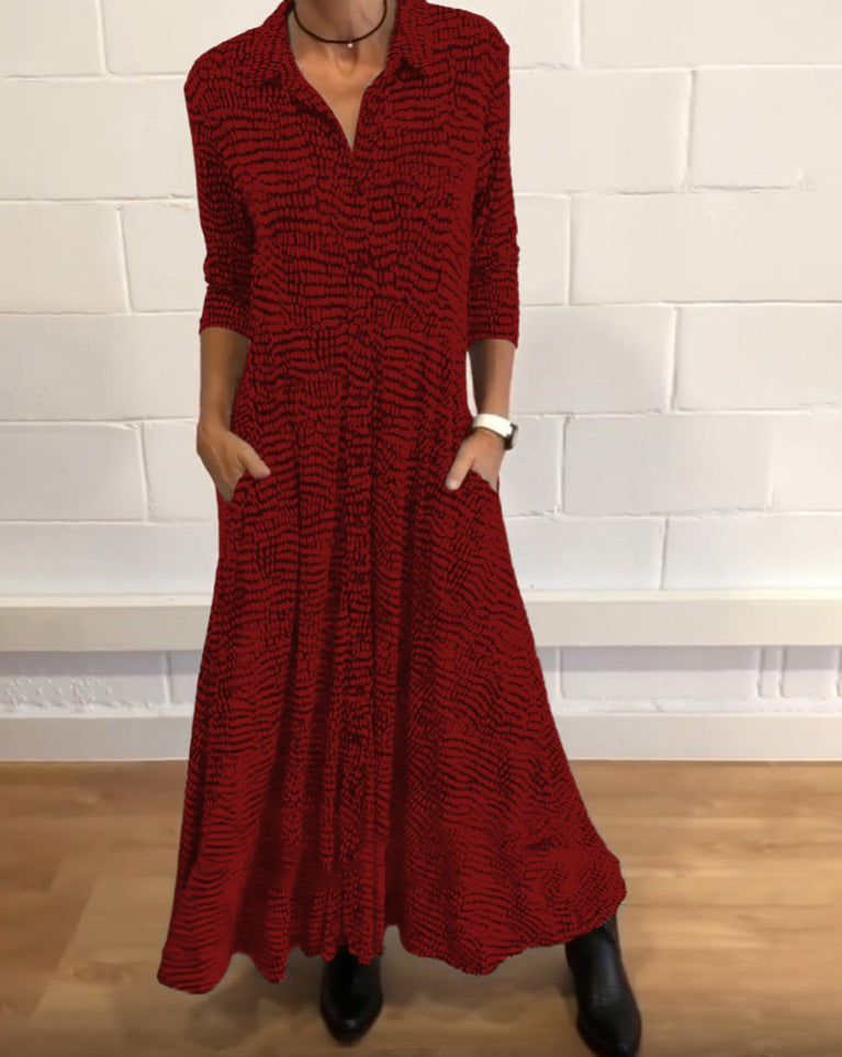 Damen nan fließendes Maxikleid mit Hemdblusenkragen, V-Ausschnitt, dreiviertelärmeln und Seitentaschen Echo Archiv
