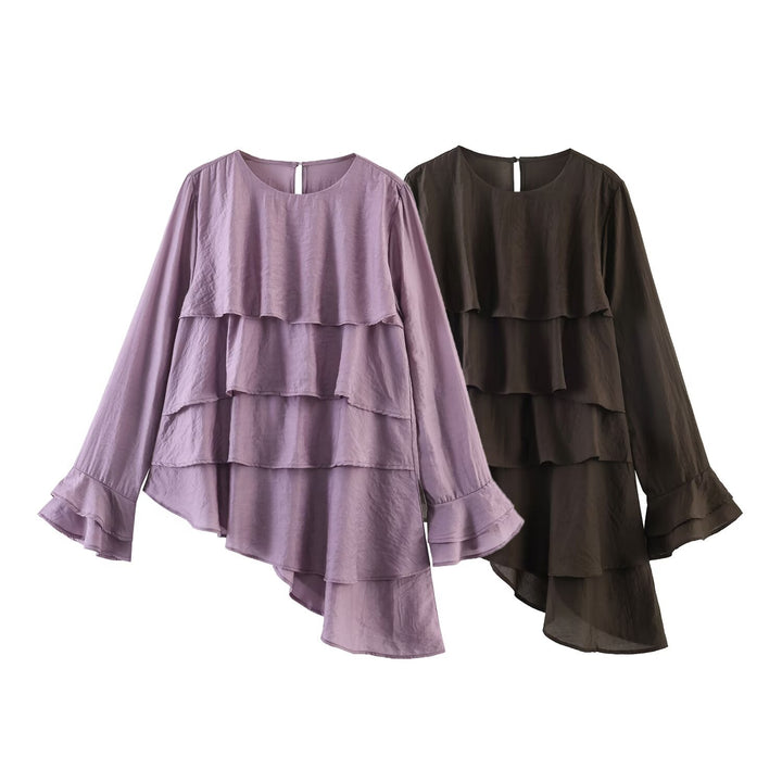 Damen Gestufte Rüschenbluse mit Glockenärmeln und asymmetrischem Saum Echo Archiv