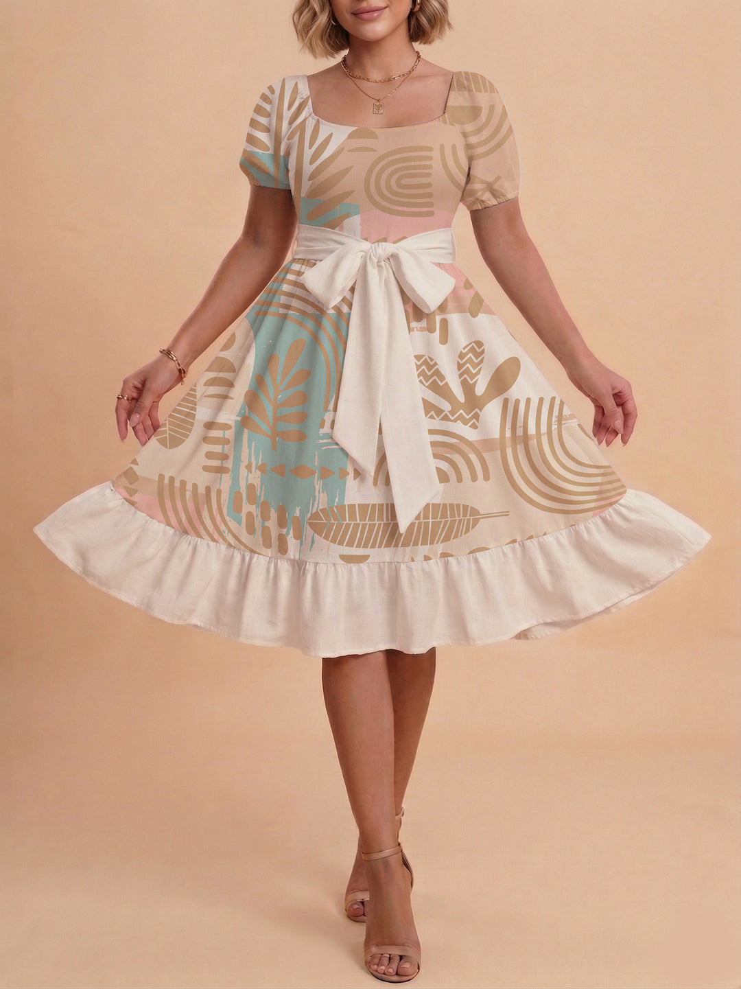 Damen Sommerliches Blumenkleid mit taillierbarem Gürtel und voluminösen Ärmeln Echo Archiv