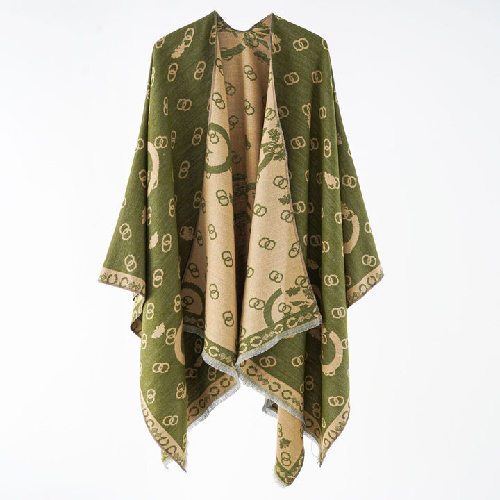 Damen Wendbarer Jacquard-Überwurf mit Fransen und großzügiger Wrap-Silhouette Echo Archiv