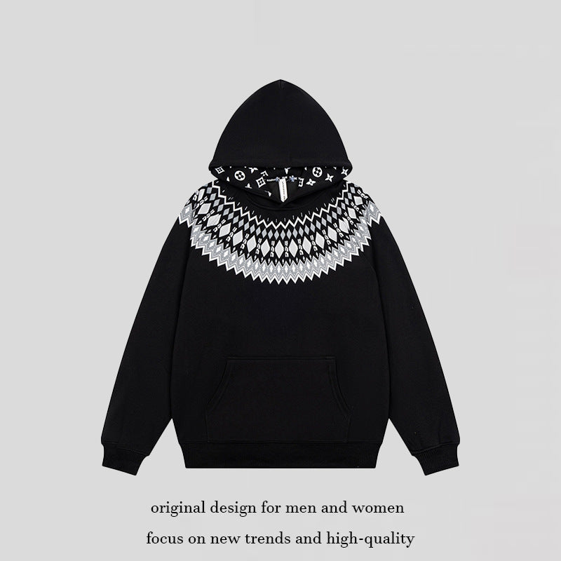 Unisex Oversize Kapuzenpullover mit nordischem Rundpasse-Jacquard, Kängurutasche und Rippbündchen Echoarchiv