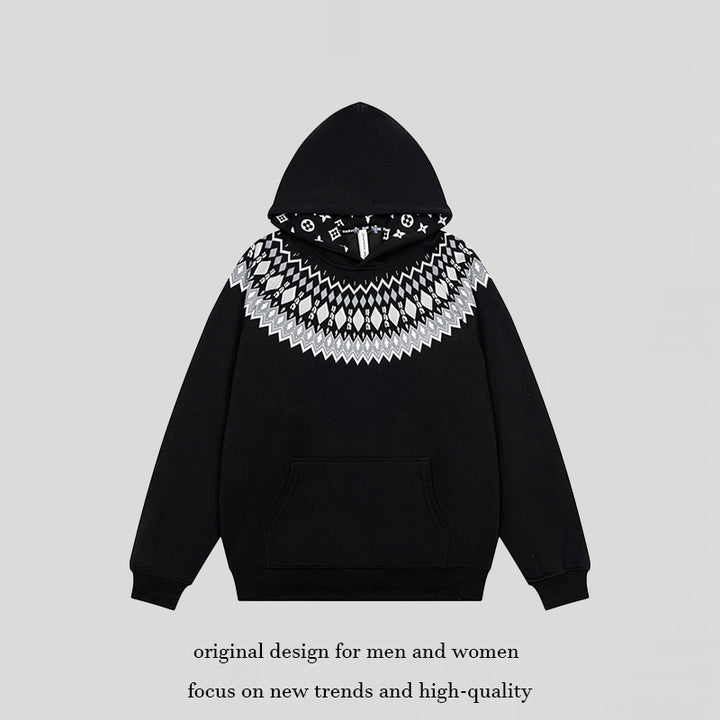 Unisex Oversize Kapuzenpullover mit nordischem Rundpasse-Jacquard, Kängurutasche und Rippbündchen Echoarchiv