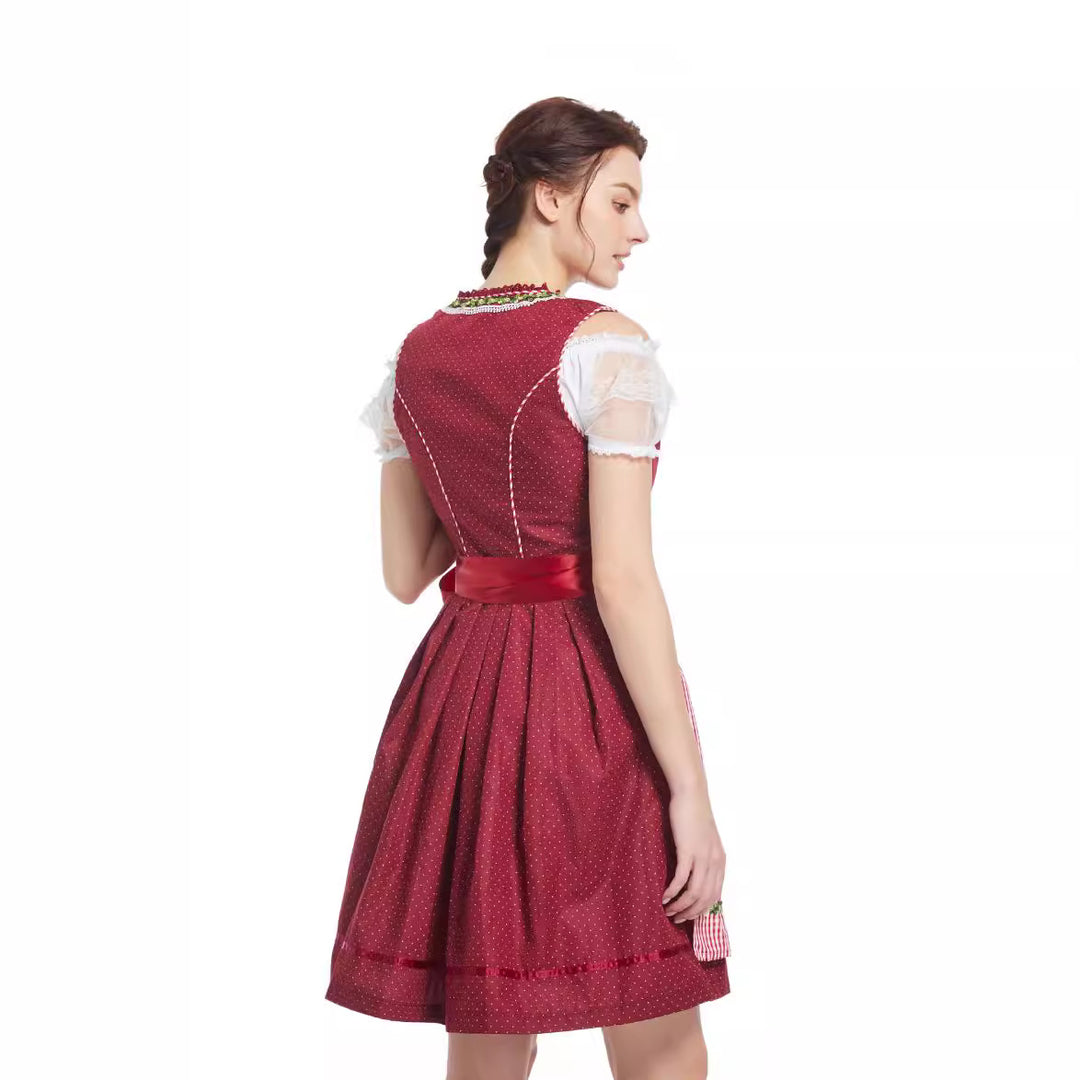 Damen  traditionelles kurz geschnittenes Dirndl mit herzförmigem Ausschnitt, dekorativer Schnürung und Vichy-Karo Schürze Echo Archiv