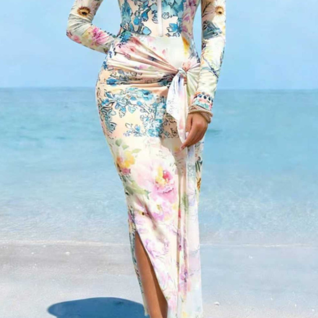 Damen Elegantes Langarm-Strandkleid mit floralem Design Echo Archiv