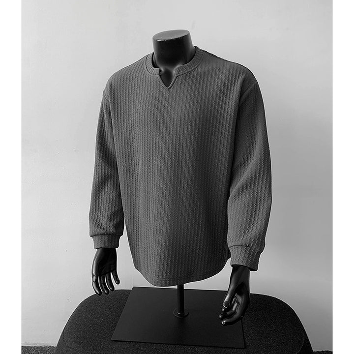 Herren nan grobstrukturierter Strickpullover mit V-förmigem Schlitzkragen und gerundetem Saum Echo Archiv