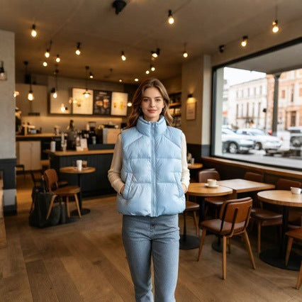 Damen kurzer wattierter Pufferjacke mit hohem Stehkragen und praktischen Eingrifftaschen – Célinea