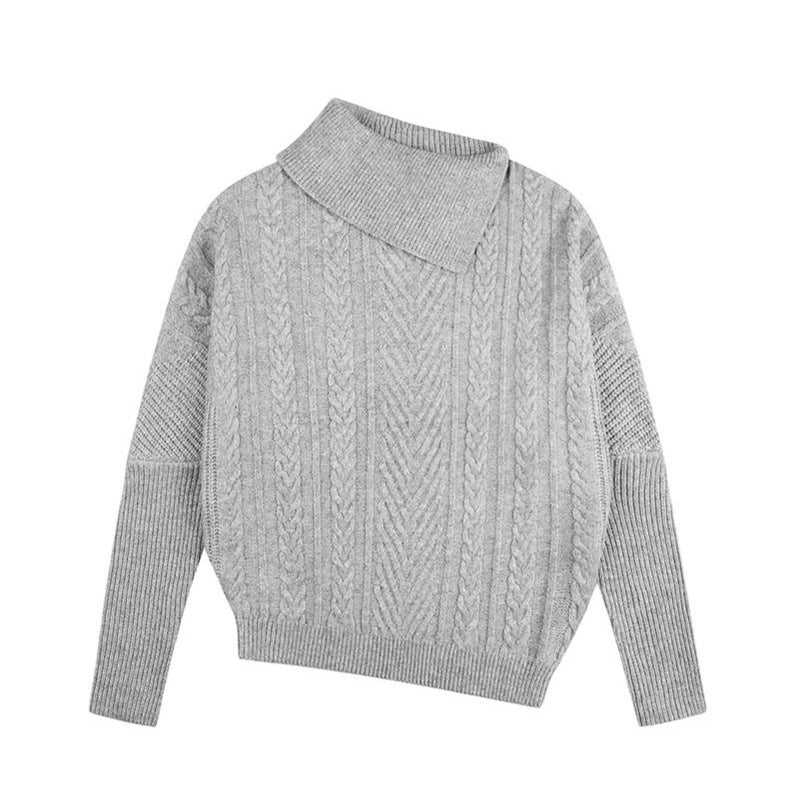 Damen asymmetrischer Zopfmuster-Pullover mit schrägem Rollkragen und Oversize-Schnitt Echoarchiv