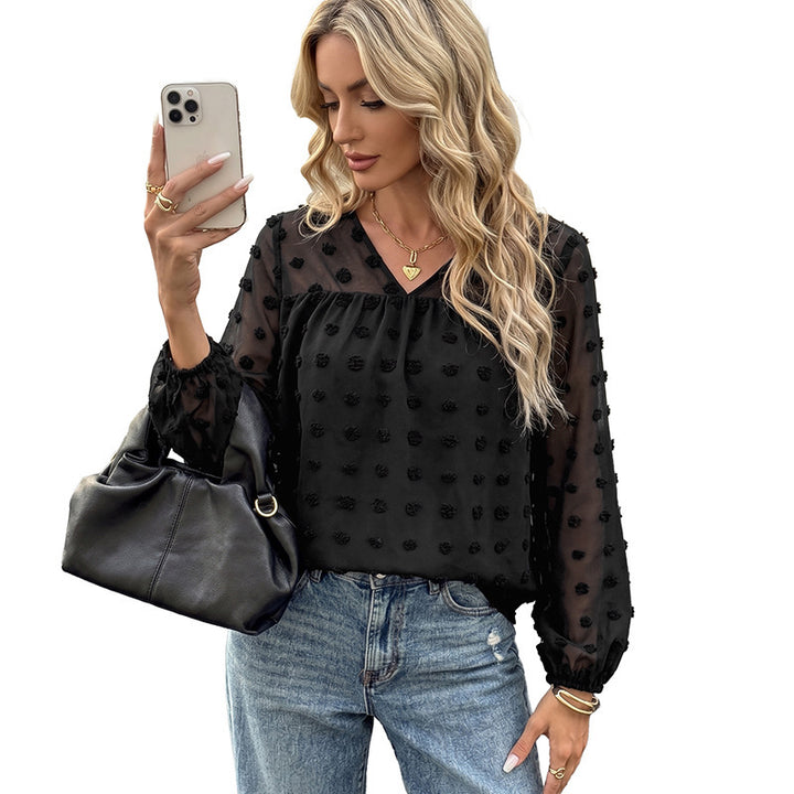 Damen Elegante Chiffonbluse mit 3D-Pompon-Applikation, V-Ausschnitt und elastischen Manschetten – Élovi