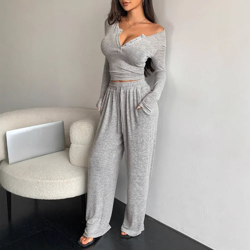 Damen Casual Rippstrick Lounge-Set mit Off-Shoulder Henley-Oberteil und weit geschnittenen Jogginghosen – Élanora