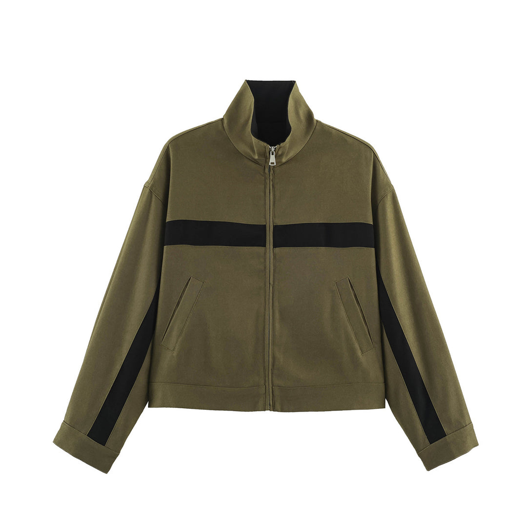 Unisex Kurz geschnittene Trackjacke mit Stehkragen, Kontraststreifen und Reißverschluss Echo Archiv