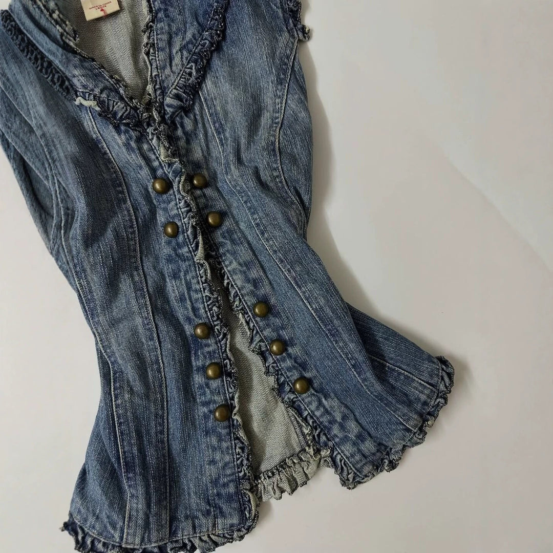 Damen Denim-Weste mit verspieltem Rüschendesign Echo Archiv