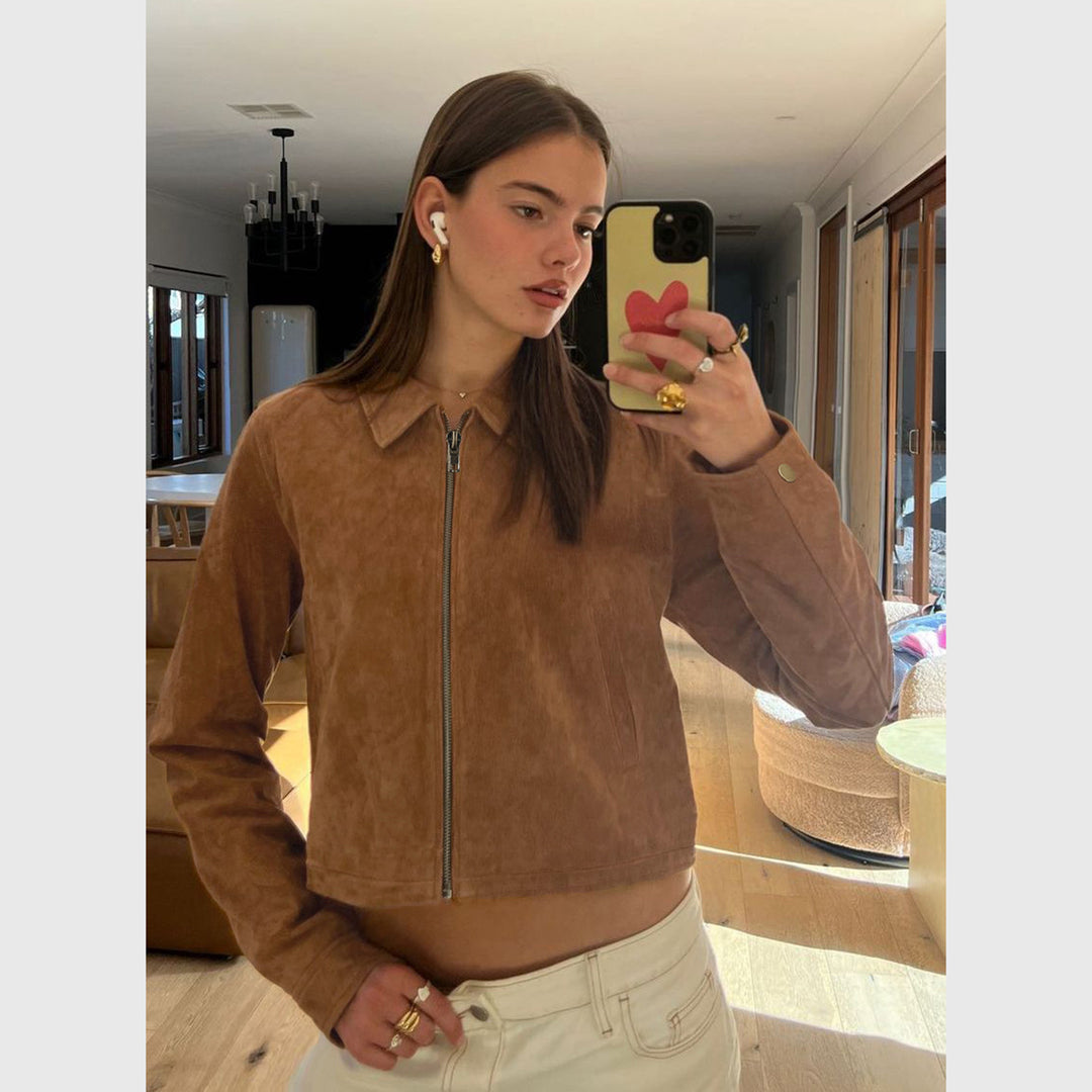 Damen Kurzgeschnittene Wildlederoptik Blousonjacke mit Hemdkragen und Reißverschluss – Célinea