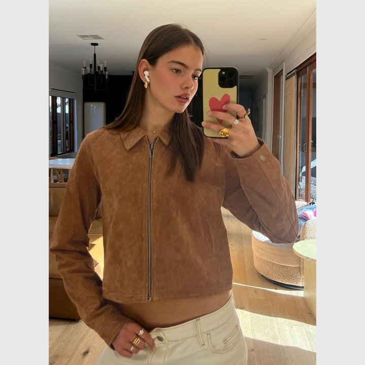 Damen Kurzgeschnittene Wildlederoptik Blousonjacke mit Hemdkragen und Reißverschluss – Célinea