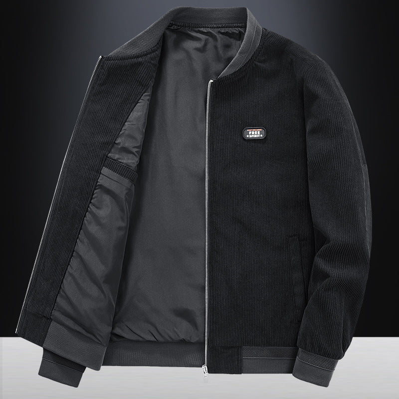 Herren Kord-Blousonjacke im Bomberstil mit elastischem Rippbund, gesteppter Innenfütterung und Logo‑Patch – Brevano