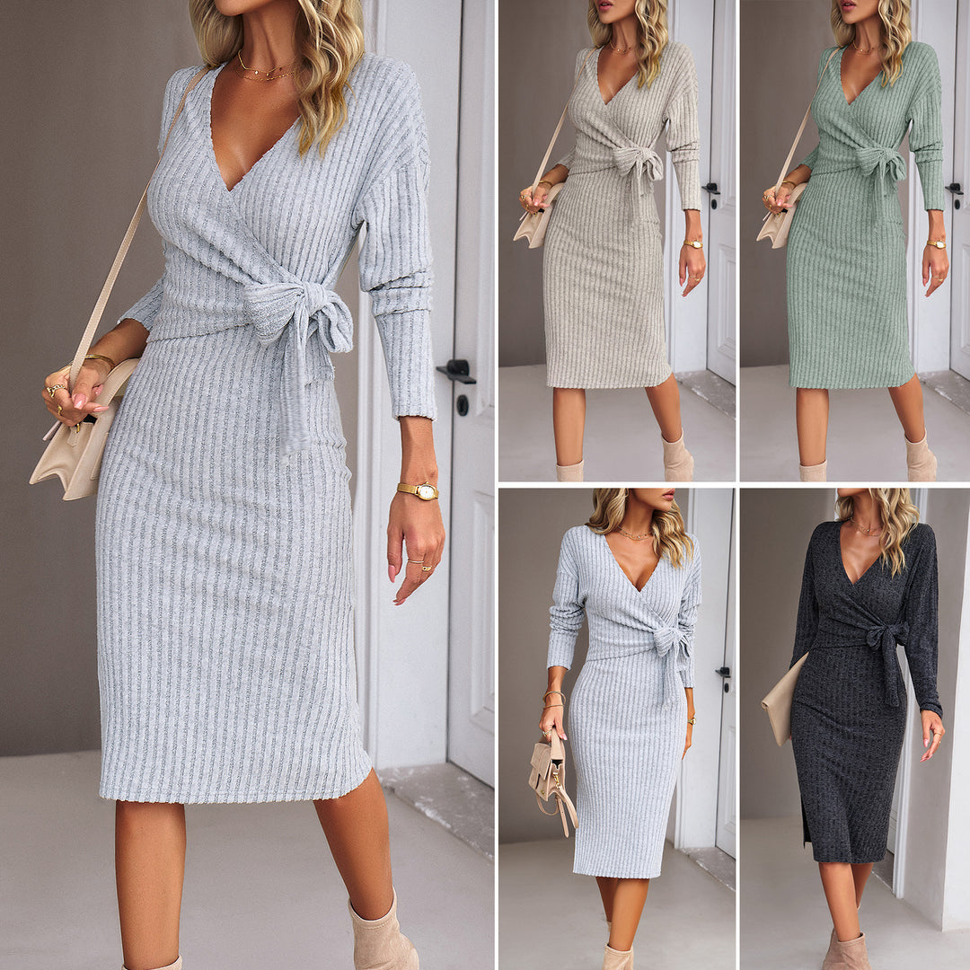 Damen Rippstrick-Wickelmidikleid mit Taillenschleife – Élara