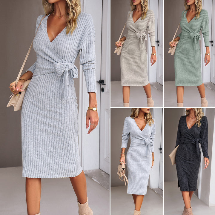 Damen Rippstrick-Wickelmidikleid mit Taillenschleife – Élara