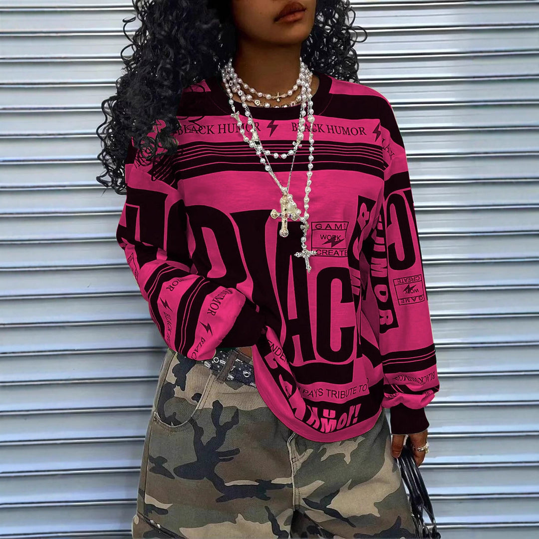 Damen Oversize‑Longsleeve Sweatshirt mit Allover‑Grafik, Rundhalsausschnitt und gerippten Bündchen – Avérine
