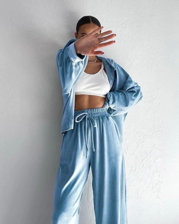 Damen luxuriöses Velours-Lounge-Set mit kurzem Reißverschluss-Hoodie und weitem High-Waist-Hose – Auréline