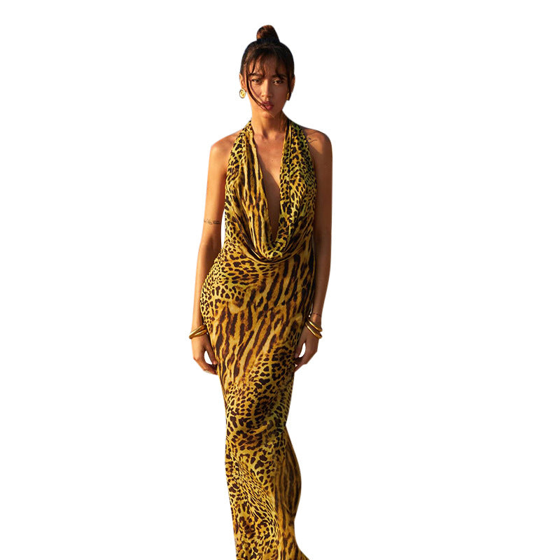 Damen Langarm-Maxikleid mit gerafftem Ausschnitt und animalischem Muster Echo Archiv