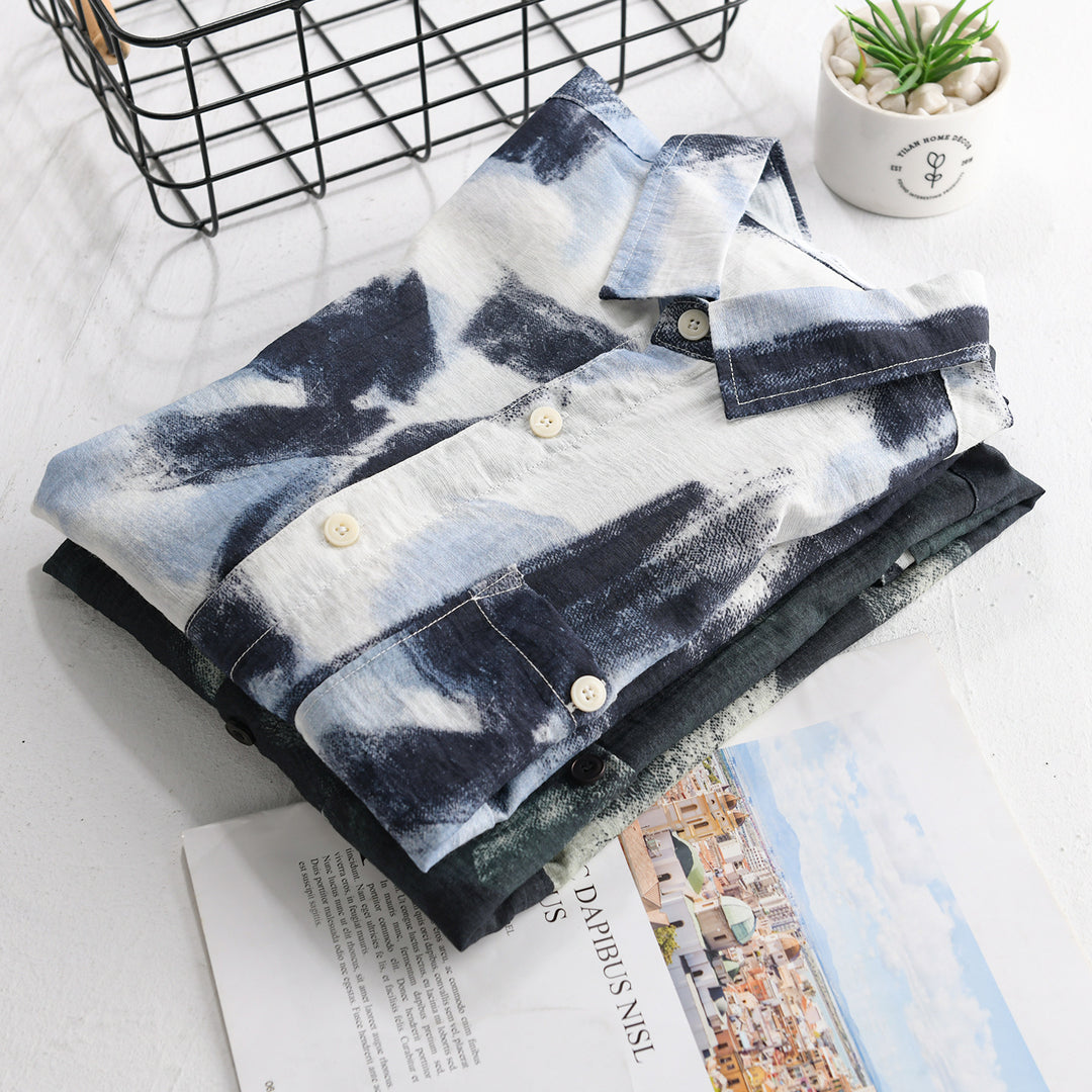 Herren Langarm-Hemdjacke mit abstraktem Pinselprint und feiner Crinkle‑Struktur Echoarchiv