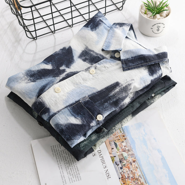 Herren Langarm-Hemdjacke mit abstraktem Pinselprint und feiner Crinkle‑Struktur Echoarchiv