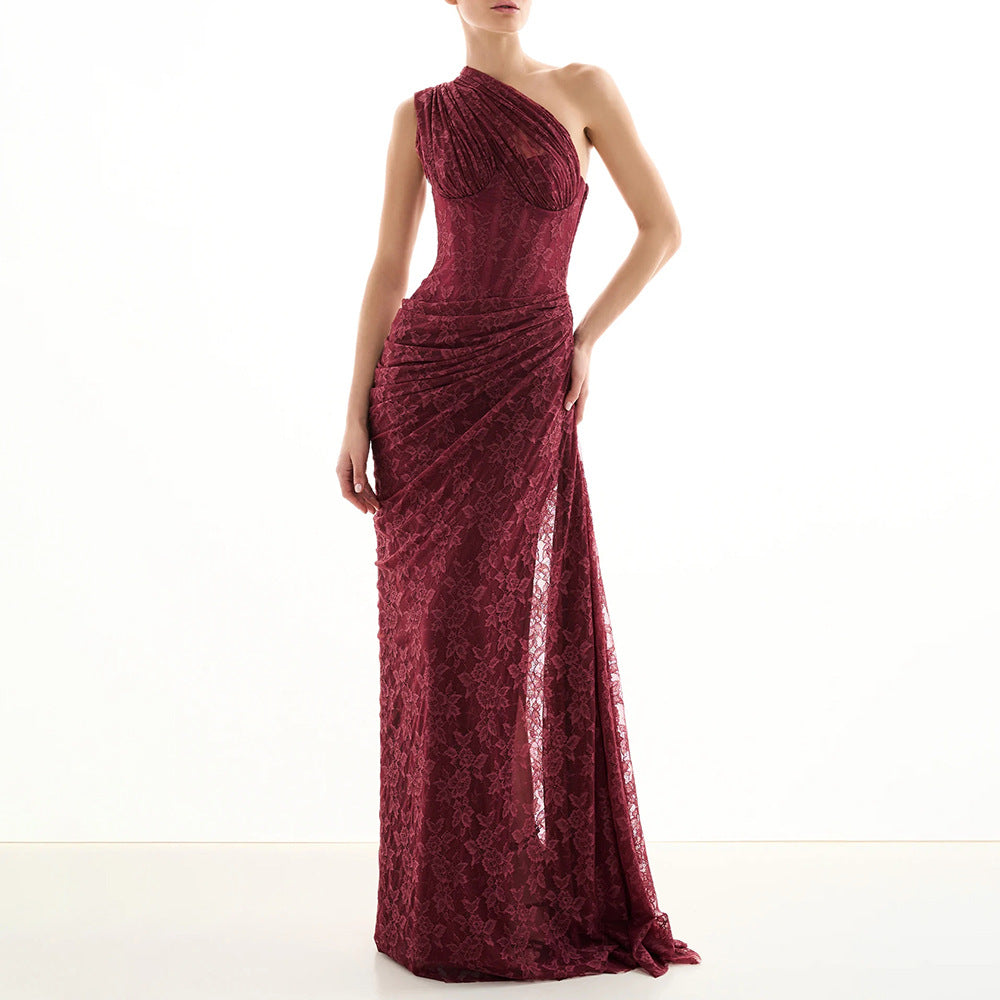 Damen elegantes Abendkleid mit asymmetrischem One-Shoulder-Design und floralem Spitzenbesatz Echo Archiv