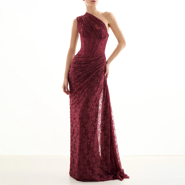 Damen elegantes Abendkleid mit asymmetrischem One-Shoulder-Design und floralem Spitzenbesatz Echo Archiv