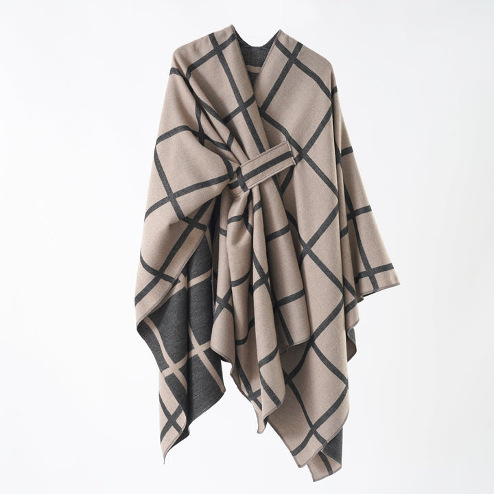 Damen Oversize Wollmix Poncho mit Gürtel und Karomuster Echo Archiv
