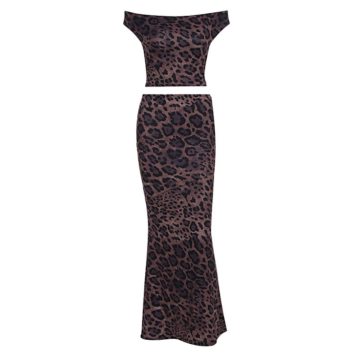 Damen Elegantes Maxikleid mit schulterfreiem Design und Leopardenmuster Echo Archiv