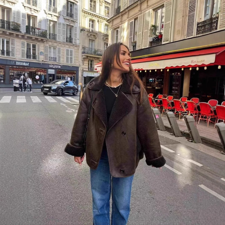 Damen nan Oversize Lammfellimitat Kunstlederjacke mit Sherpa-Kragen und Eingrifftaschen Echo Archiv