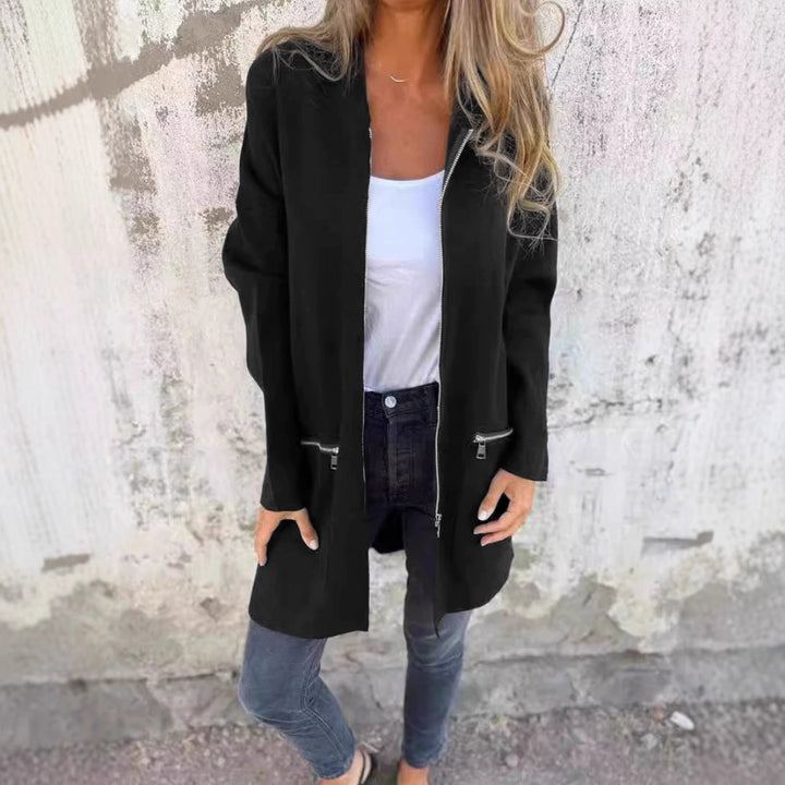 Damen Longline Oversize-Jacke mit durchgehendem Reißverschluss und Zipper-Taschen – Célinea