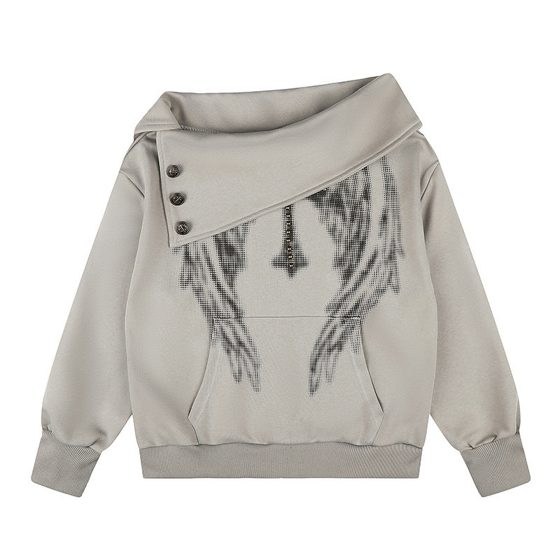 Damen Asymmetrisches Sweatshirt mit weitem Schalkragen, Zierknopfleiste und Perlenapplikation Echoarchiv