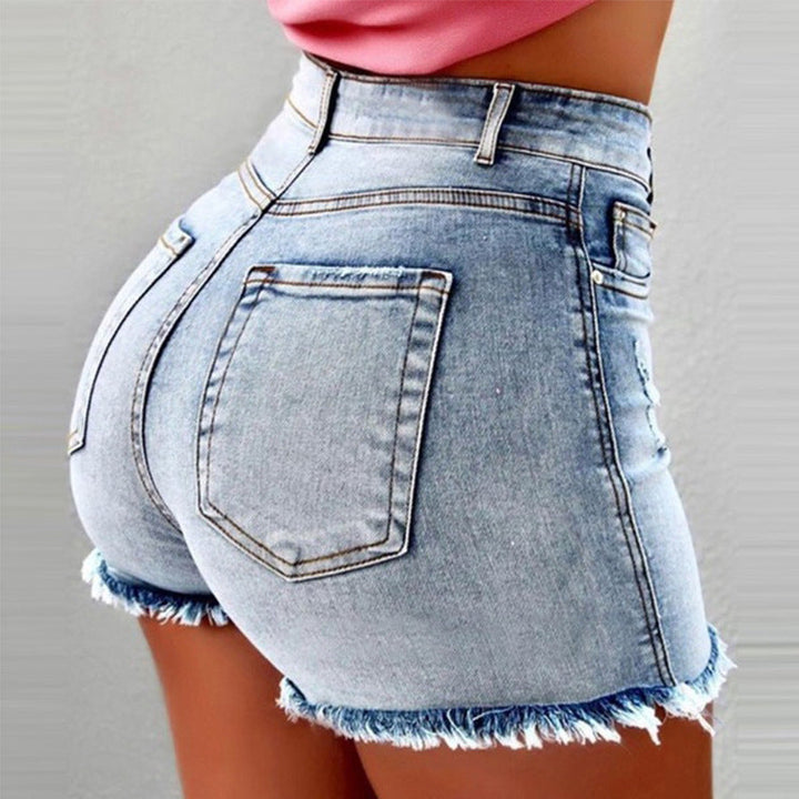 Damen High-Waist Denim-Shorts mit fransigem Saum Echoarchiv