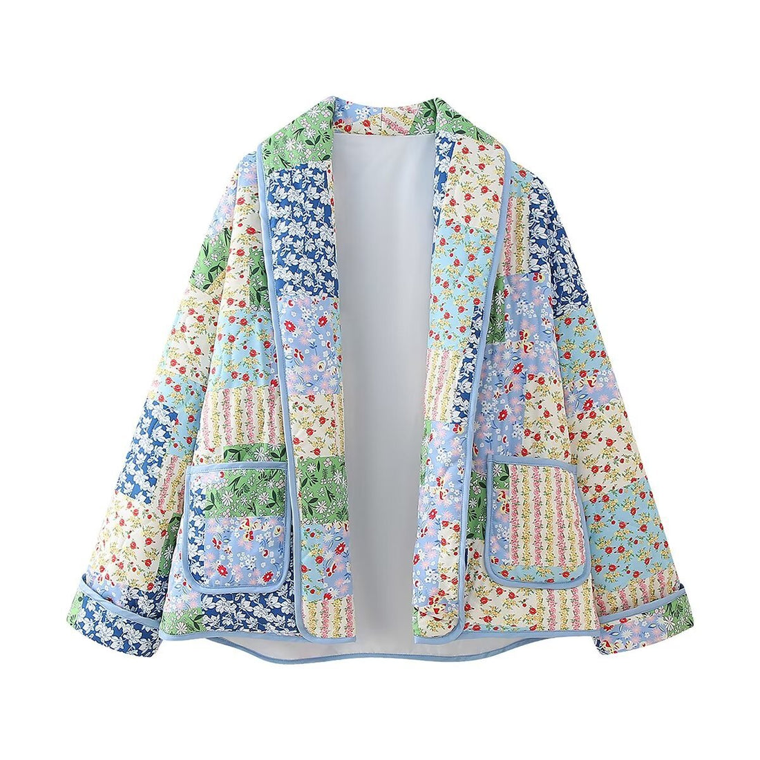 Damen gesteppte Patchwork-Quiltjacke mit Reverskragen und aufgesetzten Taschen – Célinea