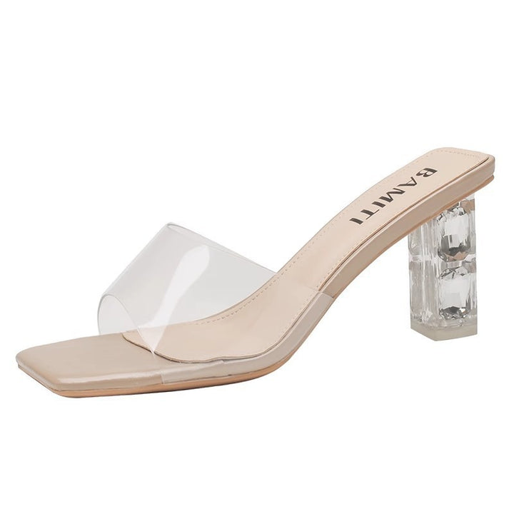 Damen Transparente Slip-On‑Sandalette mit quadratischer Zehenbox und facettiertem Acryl‑Blockabsatz – Sorelia