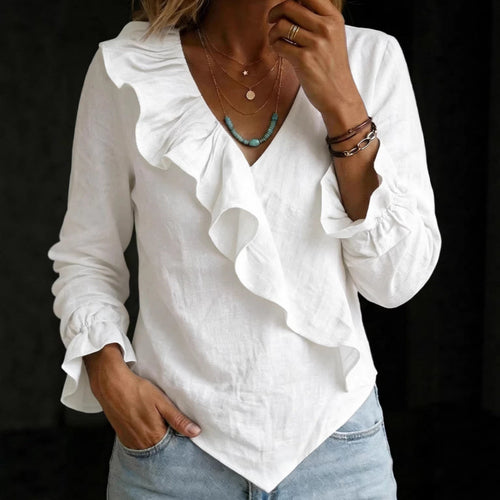 Damen Volant‑Bluse im Leinenlook mit Wickeloptik und asymmetrischem Zipfelsaum Echoarchiv