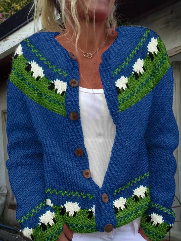 Damen nan gemusterte Strickjacke mit Rundpasse, Holzknöpfen und Eingrifftaschen Echo Archiv