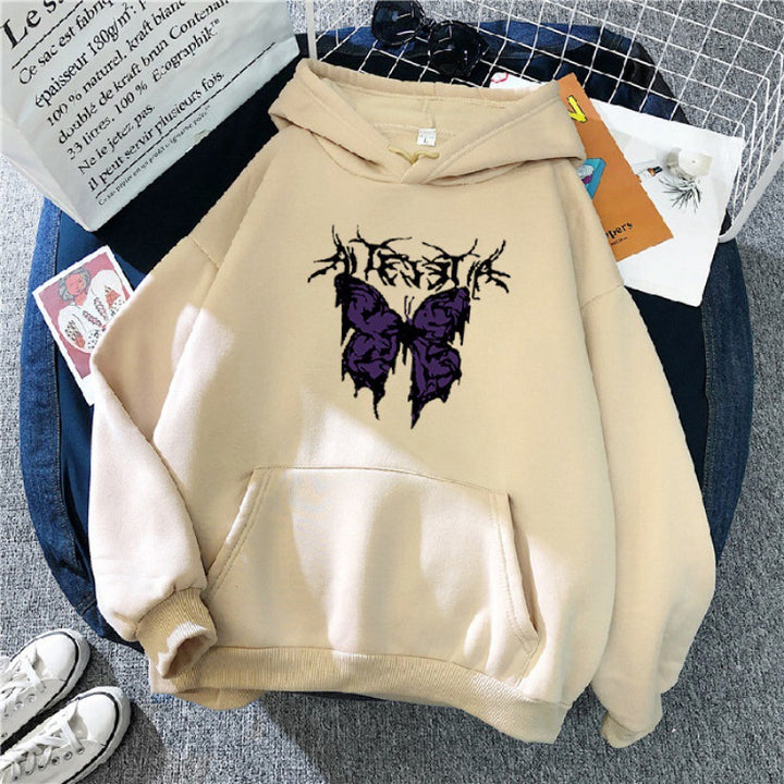 Damen Oversize-Kapuzenpullover mit gothischer Schmetterlings-Illustration und Kängurutasche – Auréline