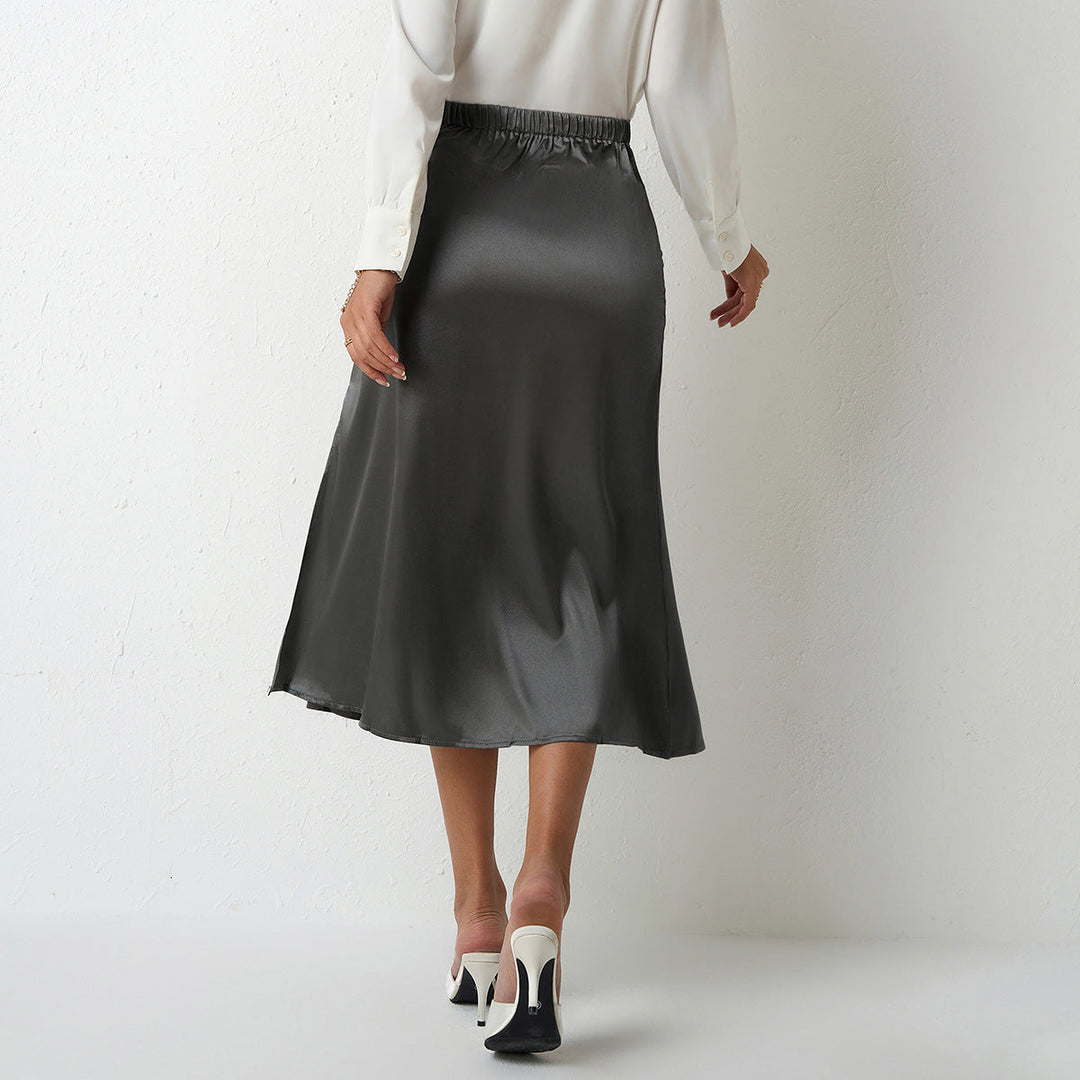 Damen eleganter Satin-Midirock mit fließendem Schnitt und hohem Bund – Rosévia