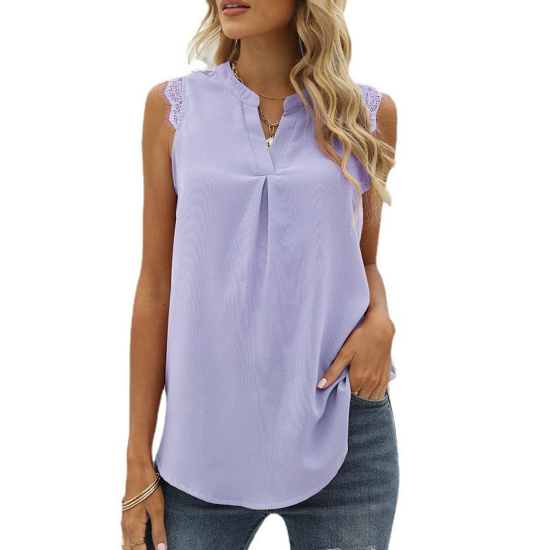 Damen Ärmelloses Blusenshirt mit Elegantem Spitzeneinsatz und Modischen Falten Echoarchiv