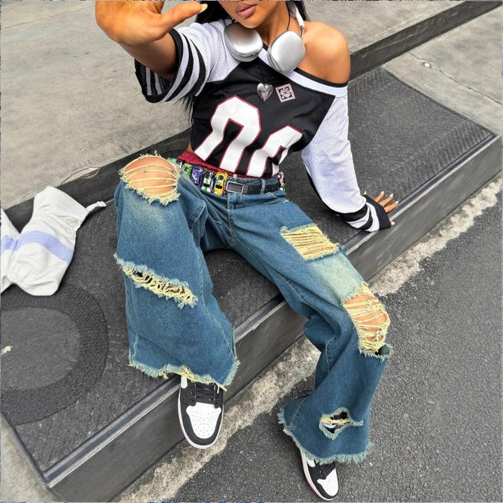 Damen weite Destroyed-Denim-Jeans mit Neonfransen-Applikation Echo Archiv