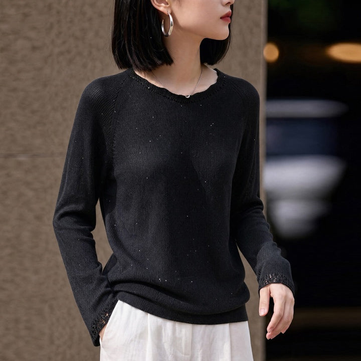 Damen leichter Feinstrickpullover mit dezenter Glitzeroptik und Raglanärmeln Echoarchiv