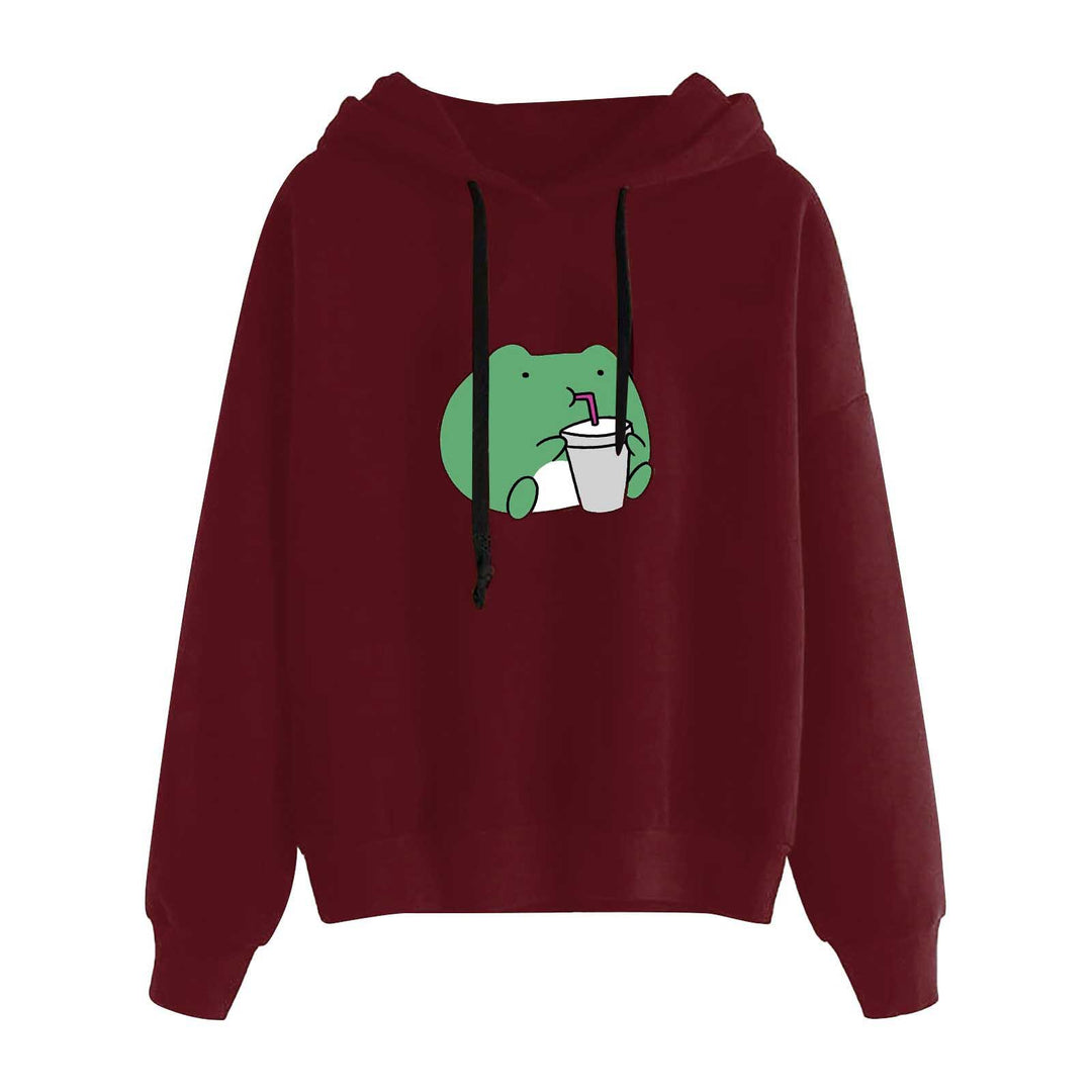 Damen kurz geschnittener Cropped-Kapuzenpullover mit niedlicher Frosch-Illustration und verstellbarer Kapuze – Auréline