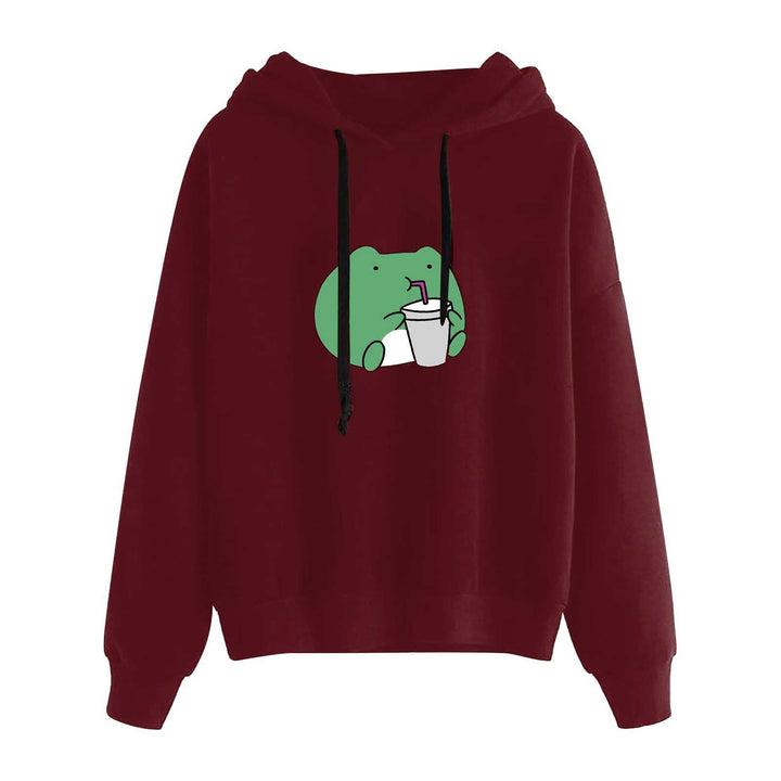 Damen kurz geschnittener Cropped-Kapuzenpullover mit niedlicher Frosch-Illustration und verstellbarer Kapuze – Auréline