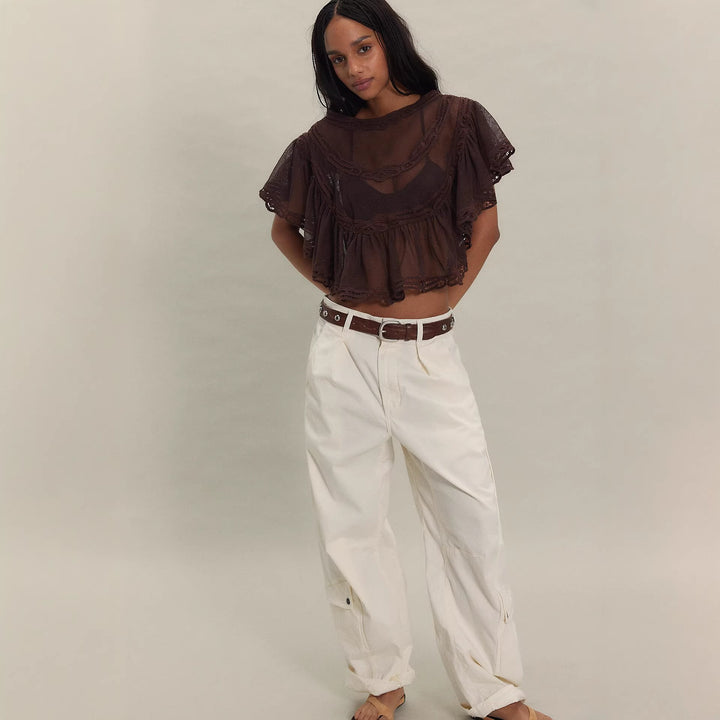 Damen Elegante Häkelbluse mit voluminösen Rüschendetails und transparentem Stoff Echo Archiv