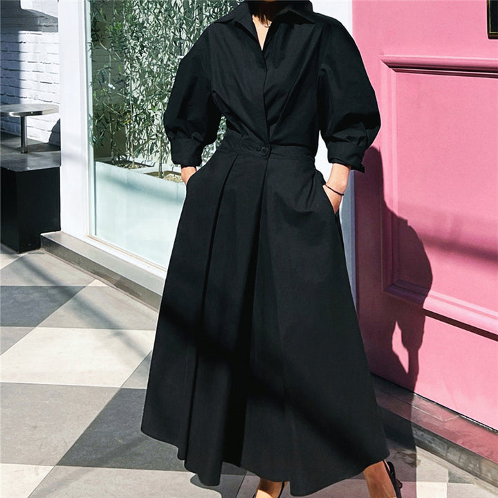 Damen Hemdblusen‑Maxikleid mit taillierter Blouson‑Silhouette, Glockenrock und verdeckten Eingrifftaschen – Valéora